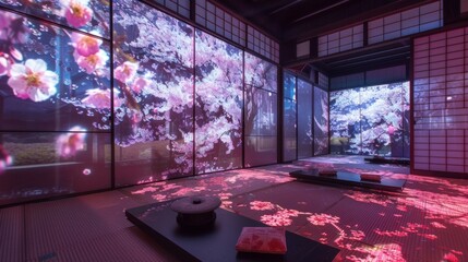 In this digital dojo the walls are alive with projected holographic cherry blossom trees while the floor is lined with intricately . .