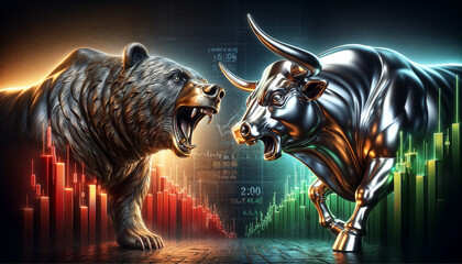 Bull vs bear, symbols of stock market trends, fierce market battle in red and green charts - obrazy, fototapety, plakaty