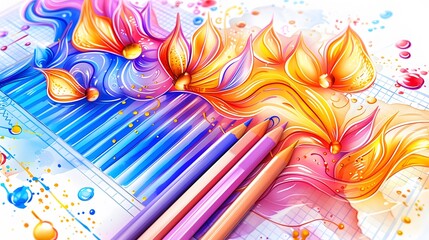 Artistic illustration featuring a vibrant symphony of pencils and abstract floral designs with lively watercolor splashes