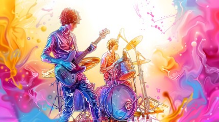 Band members engulfed in a psychedelic swirl of colors as they passionately perform, capturing the essence of live music