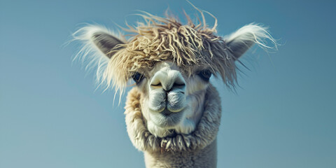 A picture of a cute white alpaca against a blue sky Camelid from South America - obrazy, fototapety, plakaty