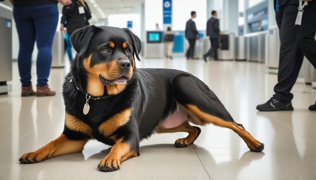 Horizontal view of a rottweiler dog in bright colours 