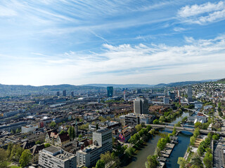 Naklejka premium Aerial view of Swiss City of Zürich with cityscape and skyline on a sunny spring day. Photo taken April 12th, 2024, Zurich, Switzerland.