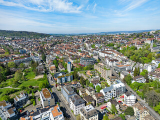 Aerial view of Swiss City of Zürich with cityscape and skyline on a sunny spring day. Photo taken April 12th, 2024, Zurich, Switzerland.