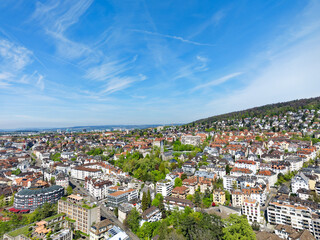Aerial view of Swiss City of Zürich with cityscape and skyline on a sunny spring day. Photo taken April 12th, 2024, Zurich, Switzerland.