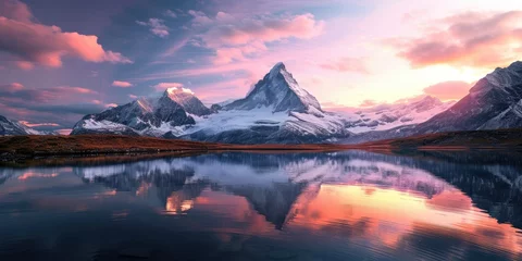 Afwasbaar Fotobehang Lavendel A majestic mountain landscape at sunset, snow-capped peaks, a crystal-clear lake reflecting the vibrant sky, serene nature. Resplendent.
