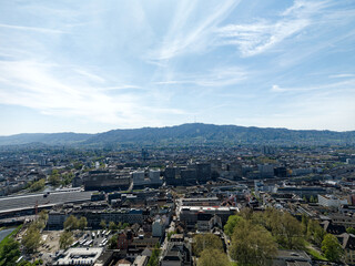 Aerial view of Swiss City of Zürich with cityscape and skyline on a sunny spring day. Photo taken April 12th, 2024, Zurich, Switzerland.