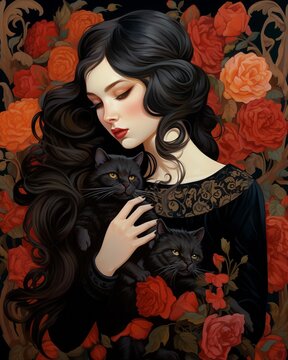 A lady with dark, coiled hair holding a black cat, all set before an intricate floral scene in warm, inviting colors ,  Illustration