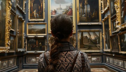 Girl observing classical artwork in an opulent museum gallery. Art appreciation and education