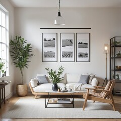 Mockup frame in scandinavian farmhouse living room  in bright colours 