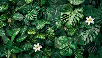 Dense tropical jungle pattern with exotic flowers. Botanical design for wallpaper, textile, - obrazy, fototapety, plakaty