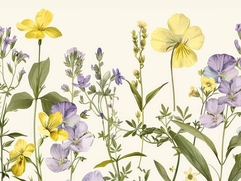 Botanical illustration of violet and yellow wildflowers