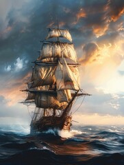 Fototapeta premium the Age of Exploration through a dynamic tilted angle view Show a ship navigating uncharted waters, creating a sense of adventure and discovery