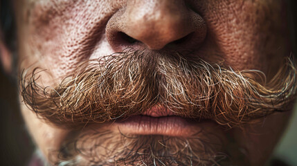 A detailed close-up capturing the intricate swirls and contours of a mans mustache, framing his face with character and charm