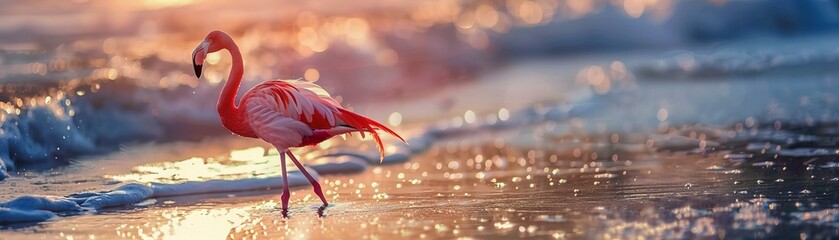 Flamingo walking along the seashore at sunset. Wildlife and nature conservation concept with serene mood - obrazy, fototapety, plakaty