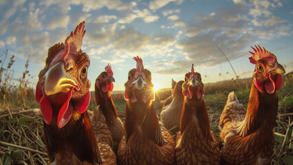 A group of chickens standing closely next to each other in a farmyard, displaying social behavior - Powered by Adobe