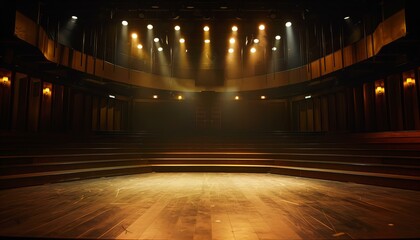 Empty theater stage with wooden flooring and dramatic lighting. Performing arts and entertainment