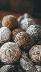 Yarn balls in shades of beige and brown on knitted texture background. Handcraft and cozy concept