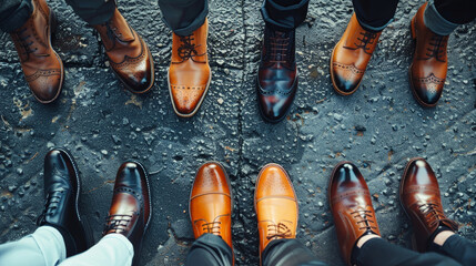 A group of people in brown business shoes stand together in an orderly fashion, showcasing a sense of unity and sophistication