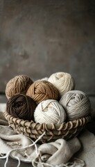 Yarn balls in shades of beige and brown on knitted texture background. Handcraft and cozy concept