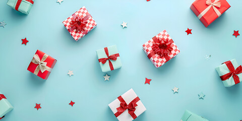 New Year composition. Christmas decor background with gift boxes. 