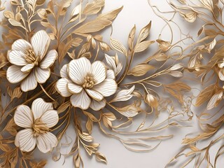 Light decorative background with voluminous decorative flowers and elements of luxurious gold embroidery, elegant and sophisticated. Texture, background, pattern.
