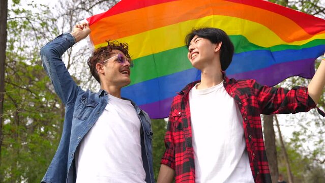 Low angle view portrait of a multi-ethnic gay couple raising lgbt flag in a park