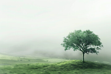 Fototapeta premium Lonely tree shrouded in mist on a green meadow at sunrise
