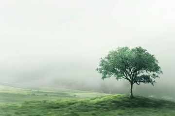 Lonely tree shrouded in mist on a green meadow at sunrise