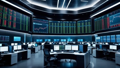 An expansive control room filled with high-tech screens displaying various market data, exemplifying a central hub for financial analysis.. AI Generation - obrazy, fototapety, plakaty