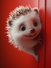 A minimalist style poster with a cute porcupine peeking out from behind a door. The pose is cute. The poster is simple. Clean, light red background.