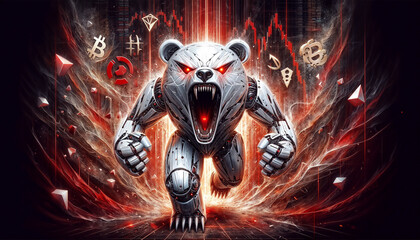 Illustration of roaring robot bear on abstract red charts, stock market. crypto currency