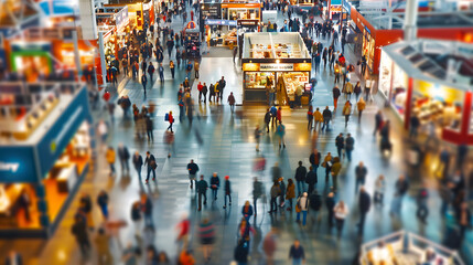 Obraz premium a bustling trade fair ground, filled with colorful booths and a diverse crowd of attendees