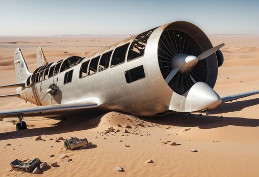 old generic plane crash remains wreck left rusty abandoned in the sahara desert in bright colours 