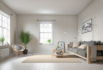 Fototapeta na wymiar Scandinavian farmhouse living room interior in bright colours 