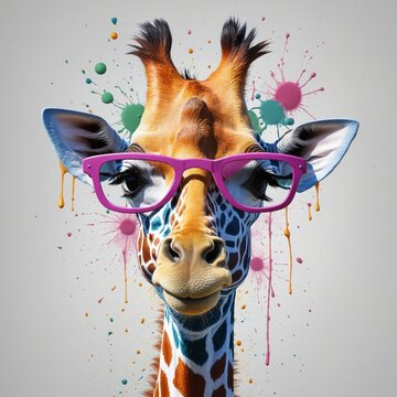 A colorful cute giraffe with glasses in bright colours 