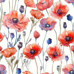 Small vibrant poppies field, seamless pattern, light watercolor. Seamless Pattern, Fabric Pattern, Tumbler Wrap, Mug Wrap.