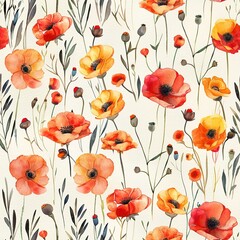 Small vibrant poppies field, seamless pattern, light watercolor. Seamless Pattern, Fabric Pattern,  Tumbler Wrap, Mug Wrap.