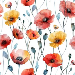 Small vibrant poppies field, seamless pattern, light watercolor. Seamless Pattern, Fabric Pattern,  Tumbler Wrap, Mug Wrap.