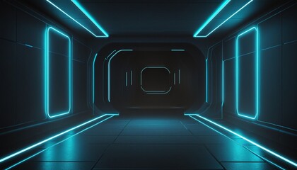 Technology abstract corridor neon light background, empty space scene in bright colours  - obrazy, fototapety, plakaty