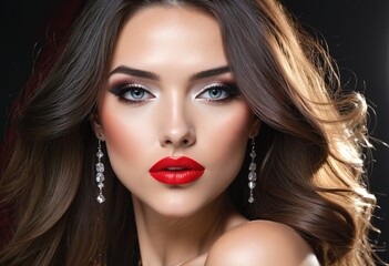 model Pretty lipstick red woman fashion Beautiful face make-up girl in bright colours  - obrazy, fototapety, plakaty