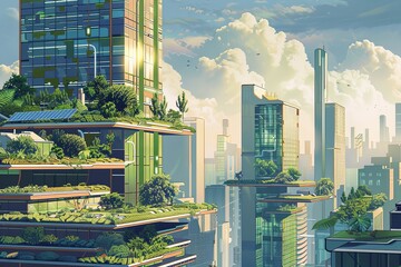 A painting depicting a futuristic cityscape with a multitude of tall skyscrapers boasting green rooftops, creating a unique urban landscape. Generative AI