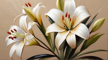 oil painting of a large white flower, its petals in full bloom, set against a soothing beige backdrop. a serene and elegant floral display.