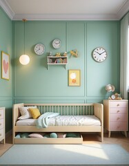 Cozy kids room interior background in bright colours 3D render