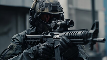 Soldier in combat uniform and mask, rifle aimed and eyes locked on target, all details vividly portrayed in 4k