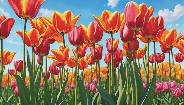 Watercolor illustration of many tulips  in bright colours 
