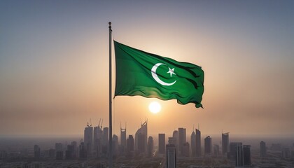 Illustration of the saudi arabian flag waving at dusk with a city lights bokeh background in bright colours 