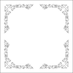 Black and white vegetal ornamental frame with leaves and flowers, decorative border, corners for greeting cards, banners, business cards, invitations, menus. Isolated vector illustration.	
