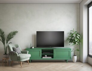 TV on green cabinet have white plaster wall in living room with armchair in bright colours 