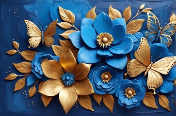 Fototapeta premium vibrant 3D depiction of blue and gold flowers, complemented by a butterfly, all rendered in rich oil paints. a bright floral backdrop enhances the scene.